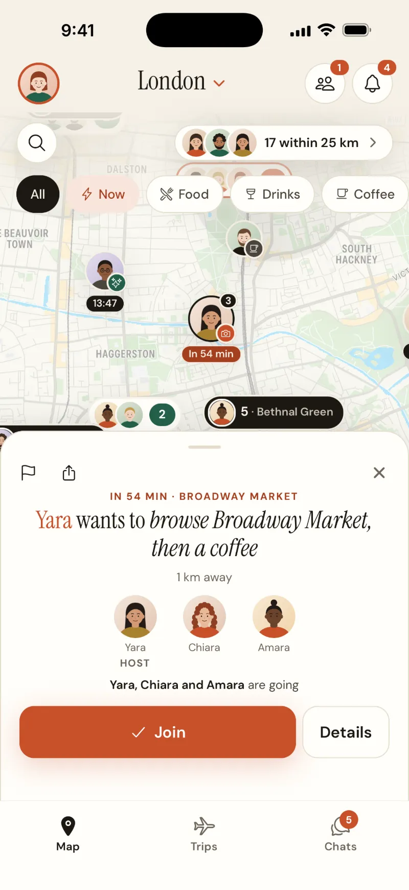 A sample plan on Acaso’s map of London: Yara wants to browse Broadway Market, then a coffee, in 54 minutes, 1 km away. Yara, Chiara and Amara are going. A Join button.
