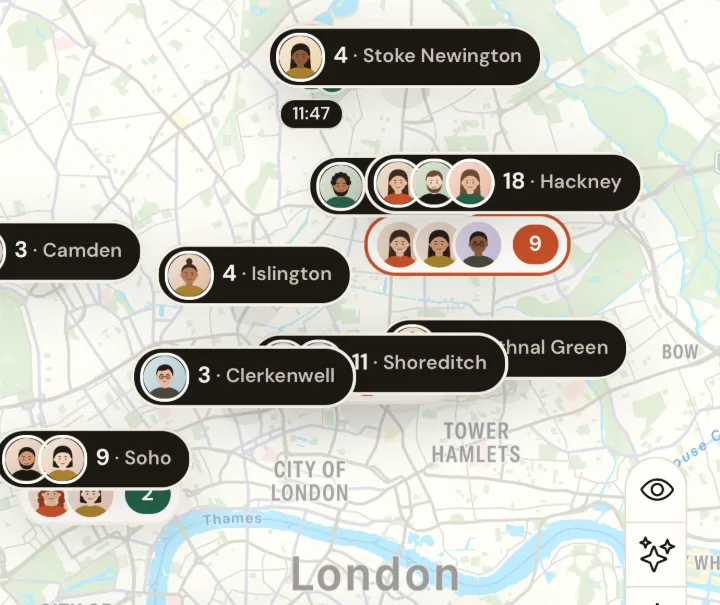 The map of London by neighbourhood: Stoke Newington, Hackney, Islington, Shoreditch and more, each with how many people are around, never a pin on a person.